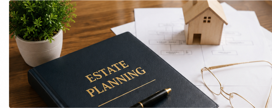 Estate planning documents with a small house model and eyeglasses on a desk
